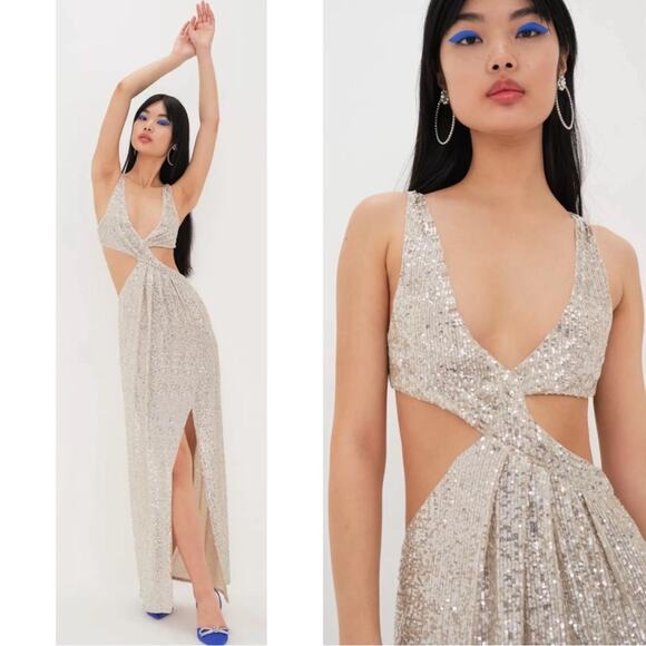 For Love & Lemons Candice Sequin Embellished Cutout Ruched Maxi Dress Size Large - Picture 4 of 10